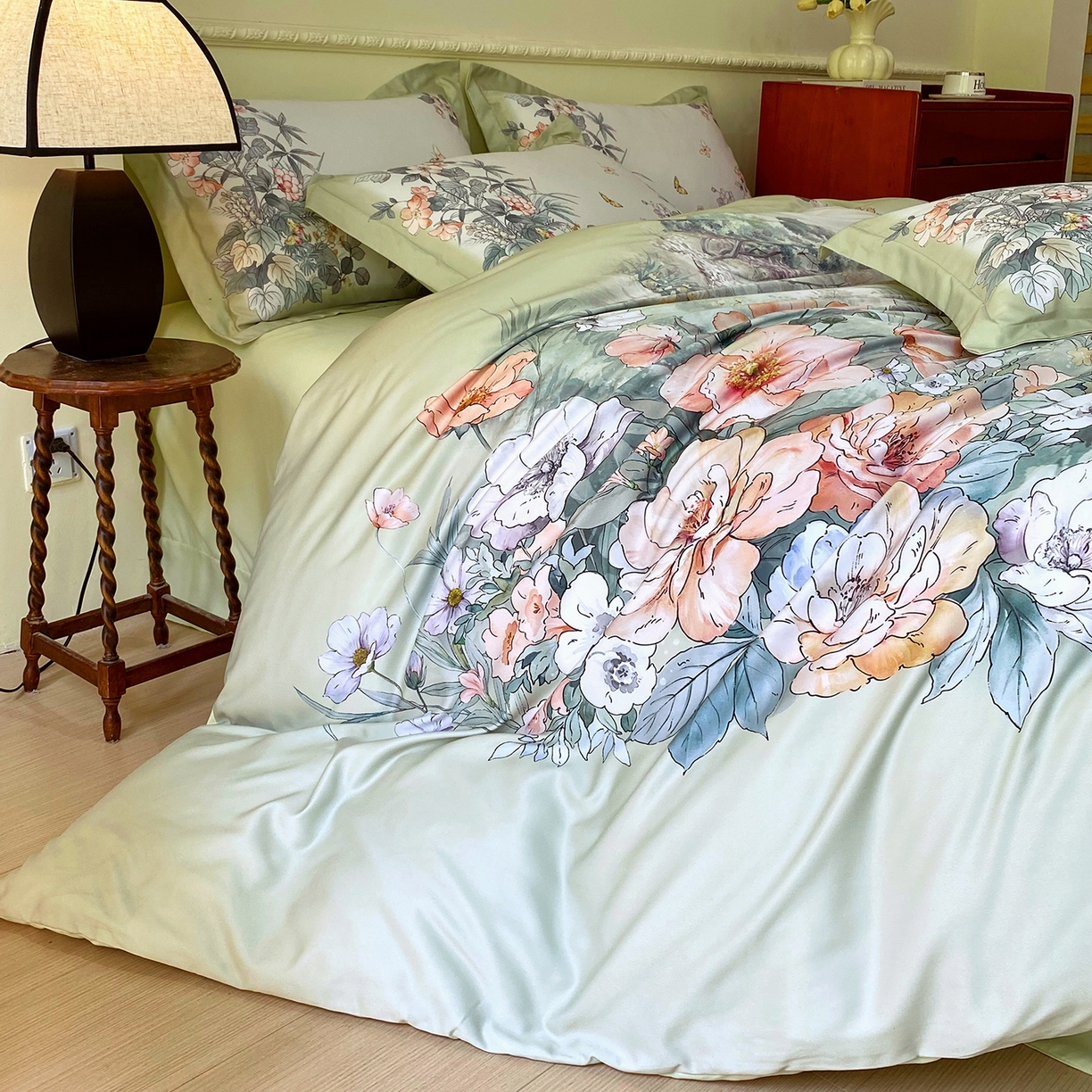 91家纺网 家纺一手货源 找家纺 大麦乐田 2025新款 直播爆款细斜纹磨毛数码印花四件套 仙本娜 绿