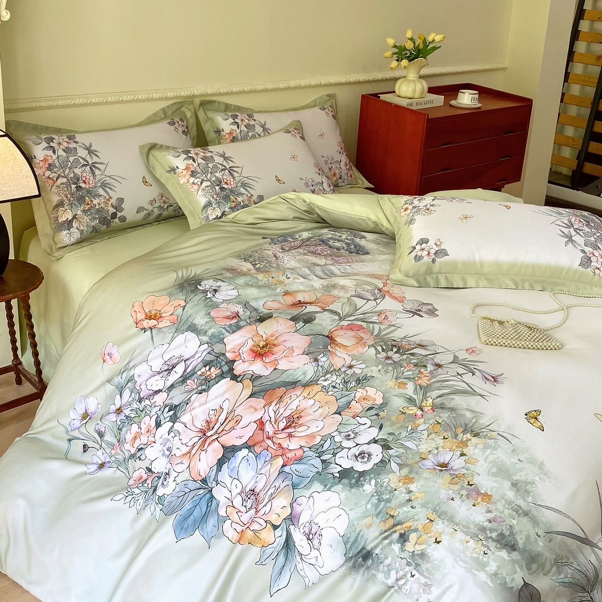 91家纺网 家纺一手货源 找家纺 大麦乐田 2025新款 直播爆款细斜纹磨毛数码印花四件套 仙本娜 绿