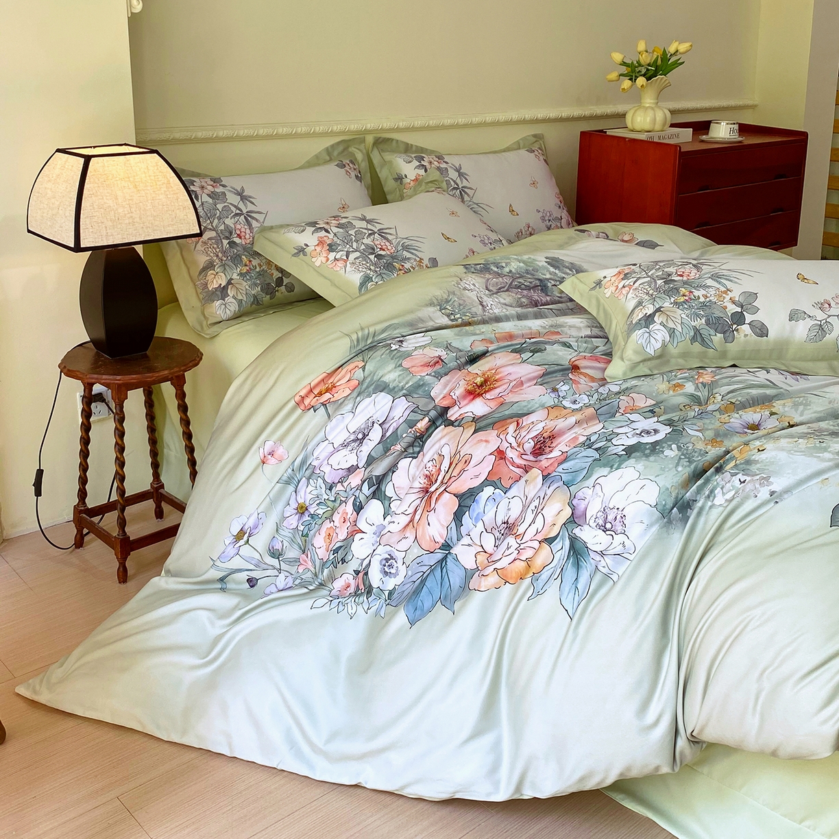 91家纺网 家纺一手货源 找家纺 大麦乐田 2025新款 直播爆款细斜纹磨毛数码印花四件套 仙本娜 绿