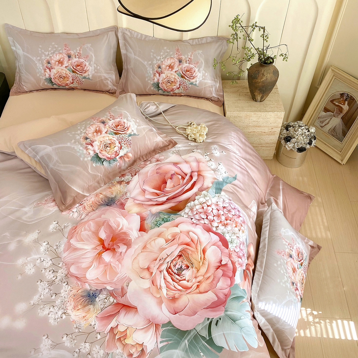 91家纺网 家纺一手货源 找家纺 大麦乐田 2025新款 直播爆款细斜纹磨毛数码印花四件套 月光之梦 卡其