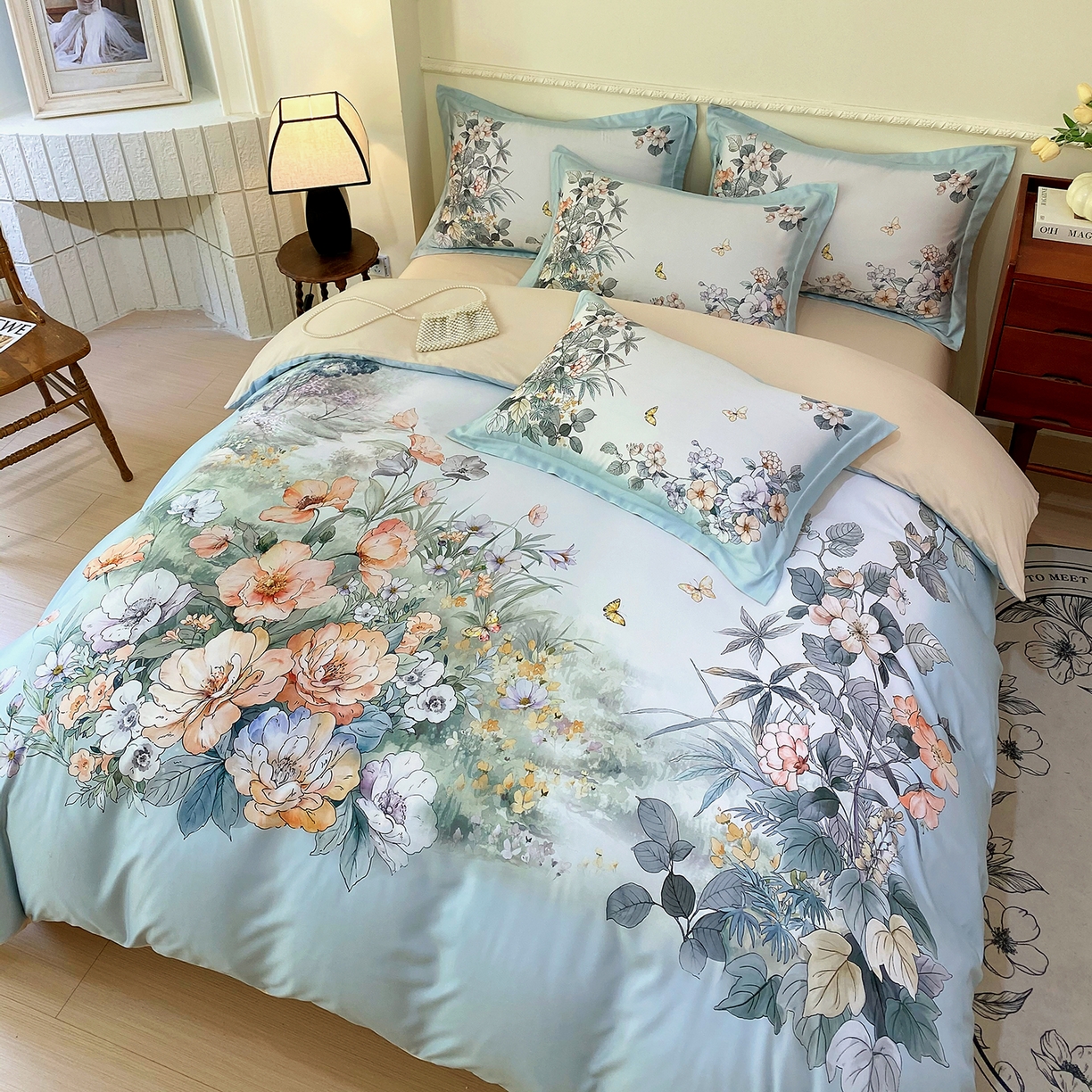 91家纺网 家纺一手货源 找家纺 大麦乐田 2025新款 直播爆款细斜纹磨毛数码印花四件套 仙本娜 兰