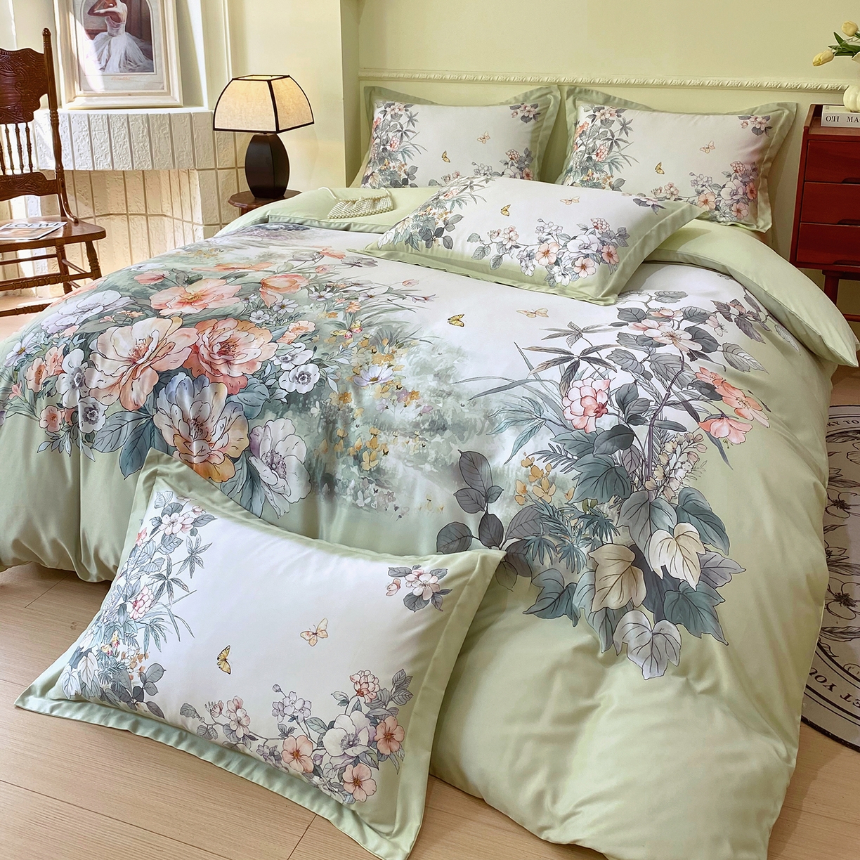 91家纺网 家纺一手货源 找家纺 大麦乐田 2025新款 直播爆款细斜纹磨毛数码印花四件套 仙本娜 绿