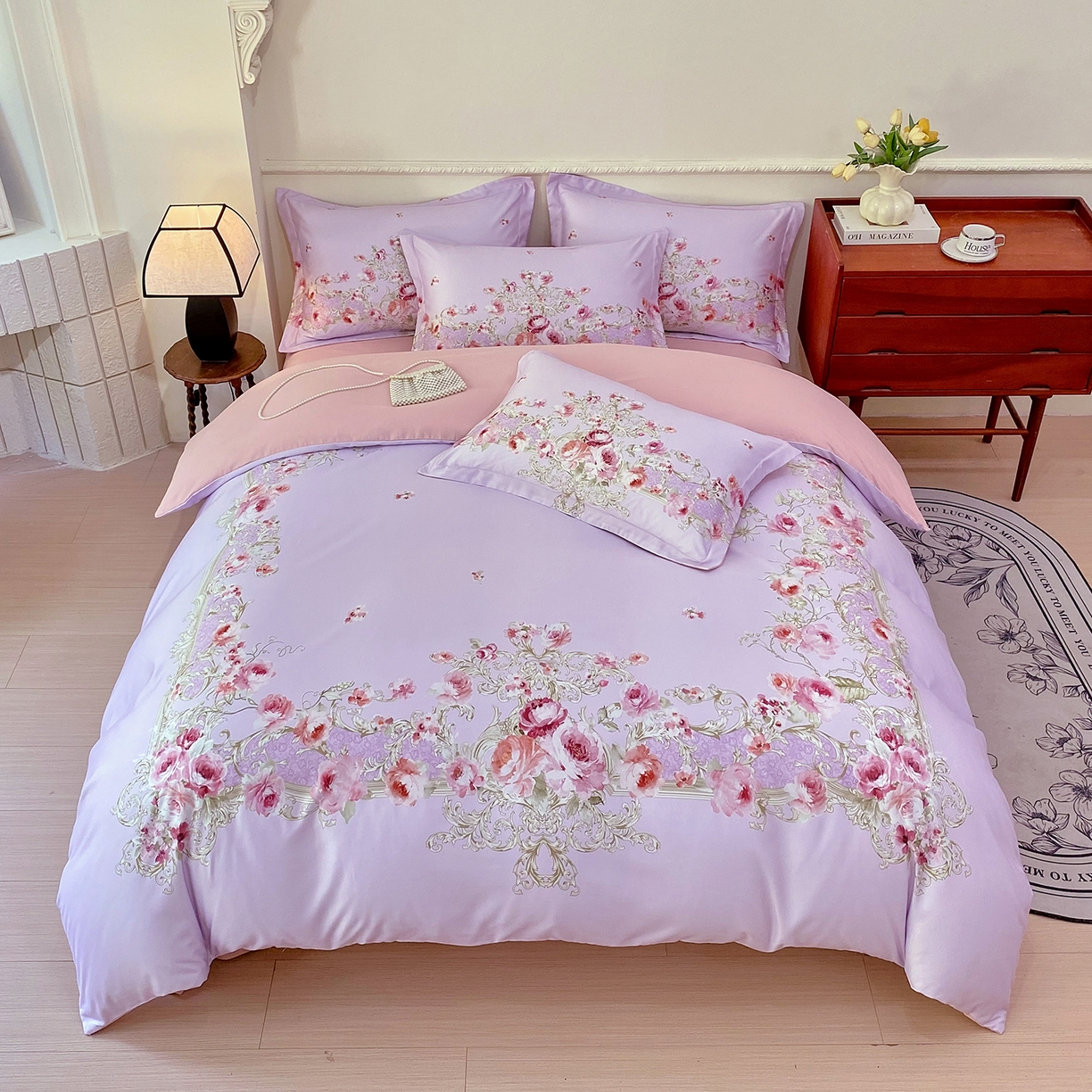 91家纺网 家纺一手货源 找家纺 大麦乐田 2025新款 直播爆款细斜纹磨毛数码印花四件套 诺曼庄园 紫