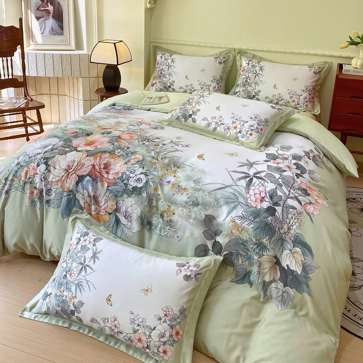 91家纺网 家纺一手货源 找家纺 大麦乐田 2025新款 直播爆款细斜纹磨毛数码印花四件套 仙本娜 绿