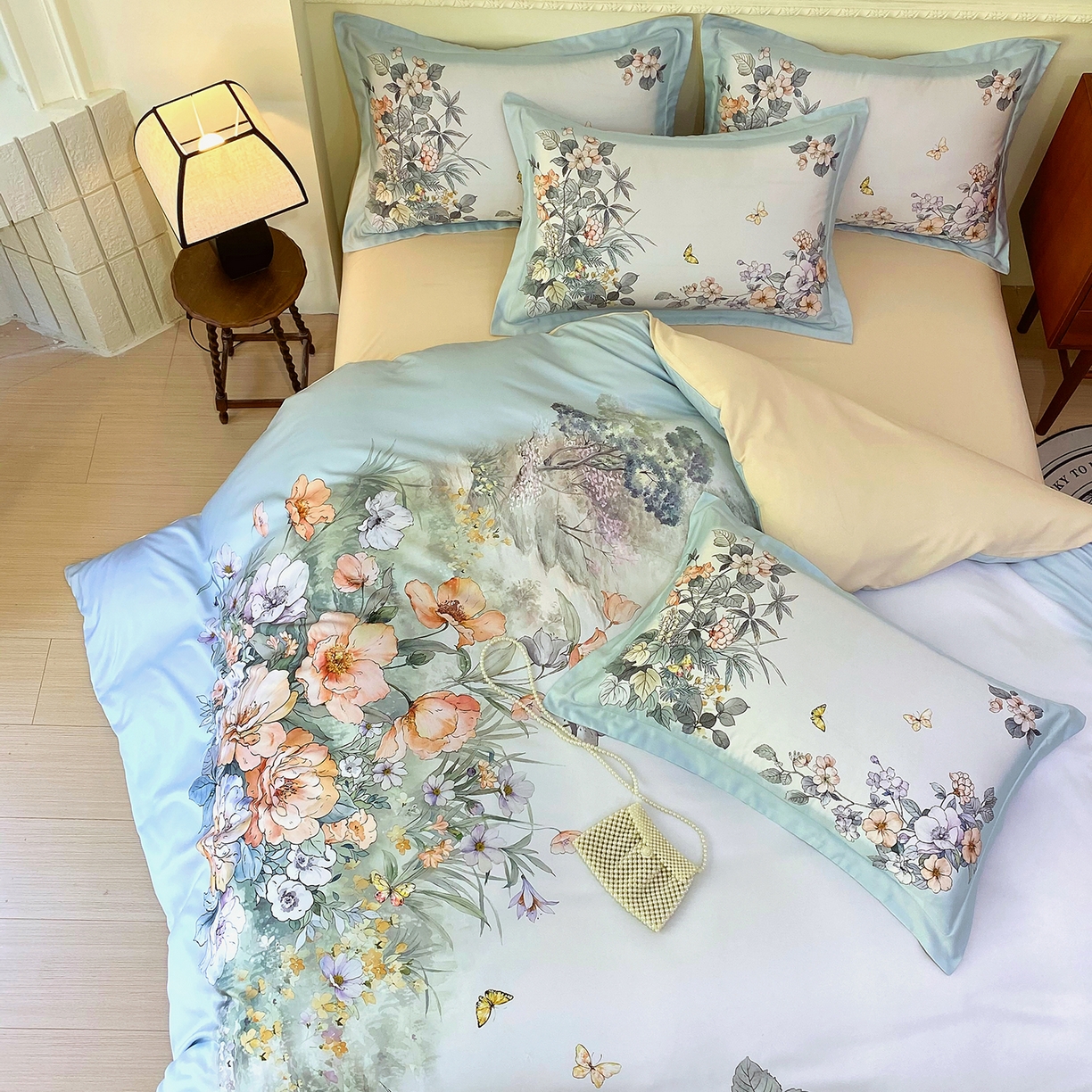 91家纺网 家纺一手货源 找家纺 大麦乐田 2025新款 直播爆款细斜纹磨毛数码印花四件套 仙本娜 兰