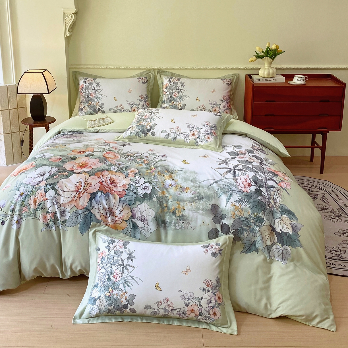 91家纺网 家纺一手货源 找家纺 大麦乐田 2025新款 直播爆款细斜纹磨毛数码印花四件套 仙本娜 绿