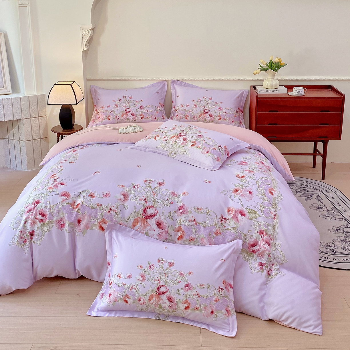 大麦乐田 2025新款 直播爆款细斜纹磨毛数码印花四件套 诺曼庄园 紫