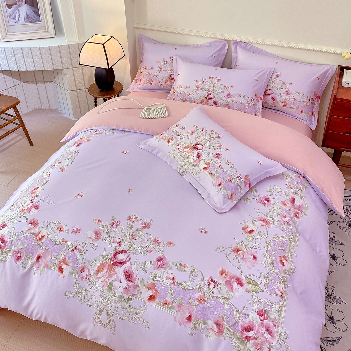 91家纺网 家纺一手货源 找家纺 大麦乐田 2025新款 直播爆款细斜纹磨毛数码印花四件套 诺曼庄园 紫