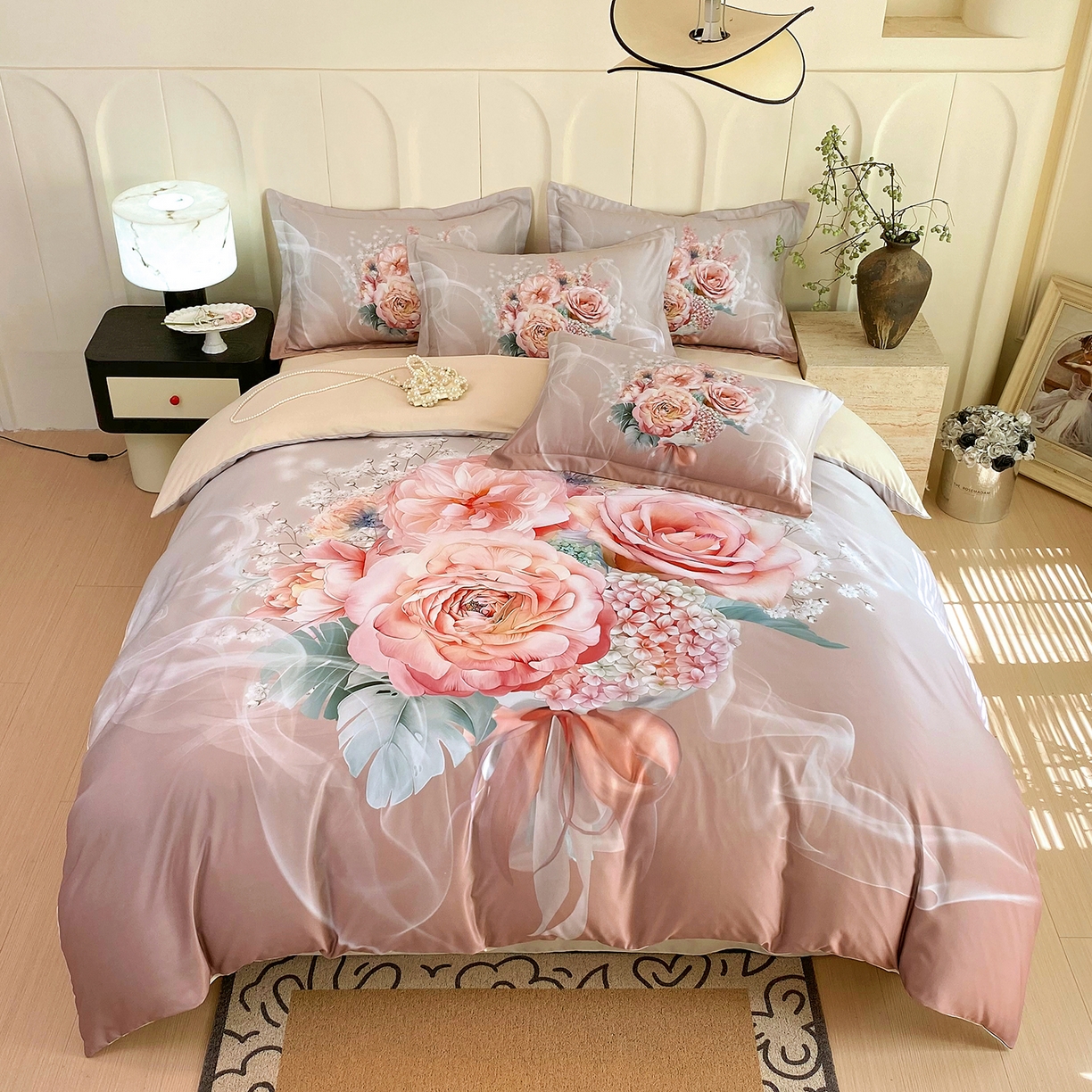 91家纺网 家纺一手货源 找家纺 大麦乐田 2025新款 直播爆款细斜纹磨毛数码印花四件套 月光之梦 卡其