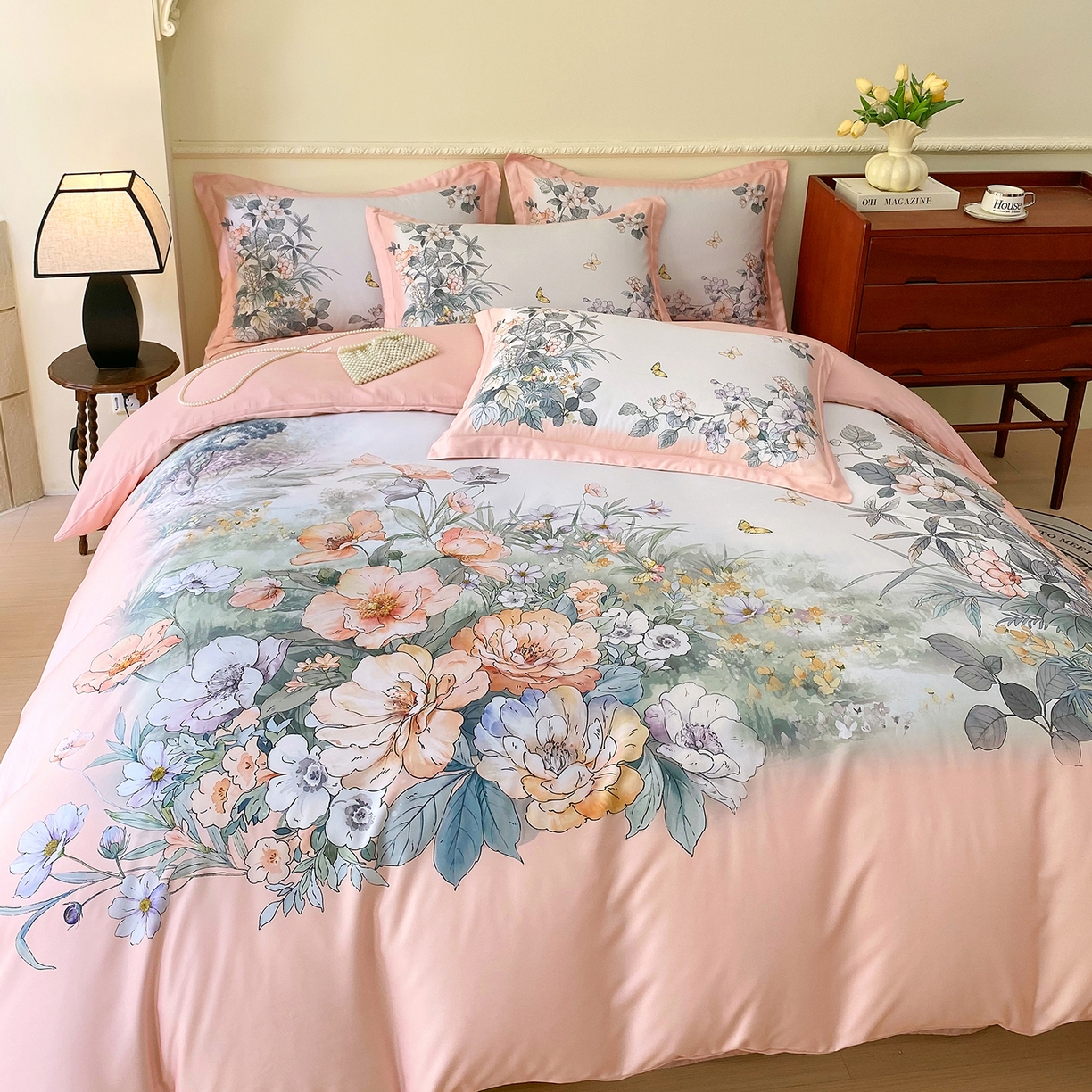 91家纺网 家纺一手货源 找家纺 大麦乐田 2025新款 直播爆款细斜纹磨毛数码印花四件套 仙本娜 粉