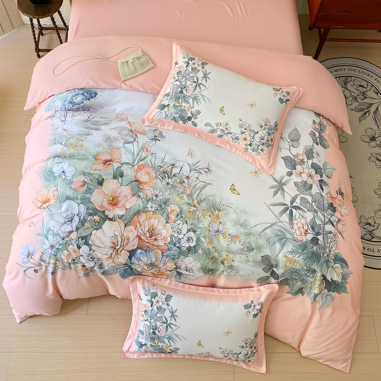 91家纺网 家纺一手货源 找家纺 大麦乐田 2025新款 直播爆款细斜纹磨毛数码印花四件套 仙本娜 粉