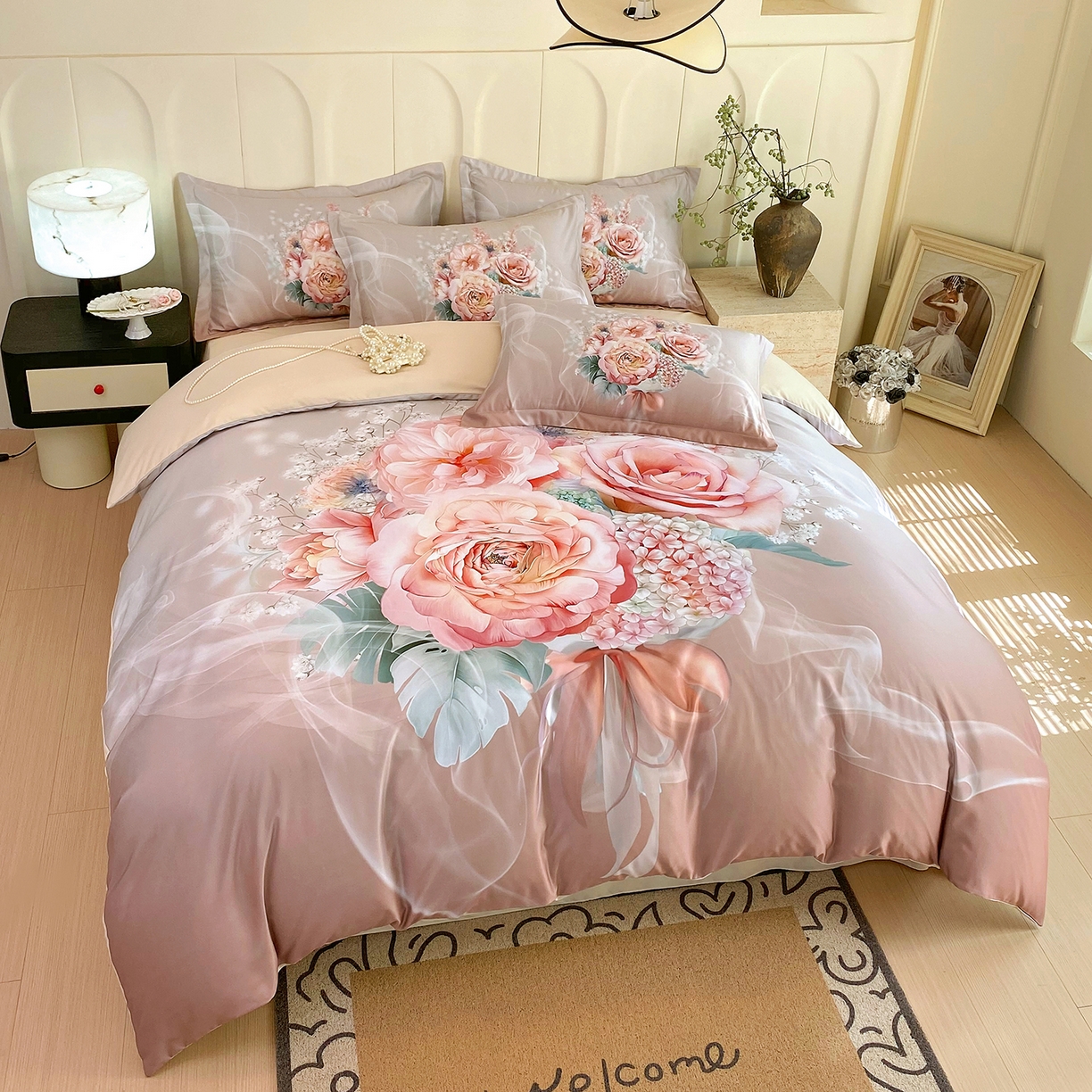 91家纺网 家纺一手货源 找家纺 大麦乐田 2025新款 直播爆款细斜纹磨毛数码印花四件套 月光之梦 卡其