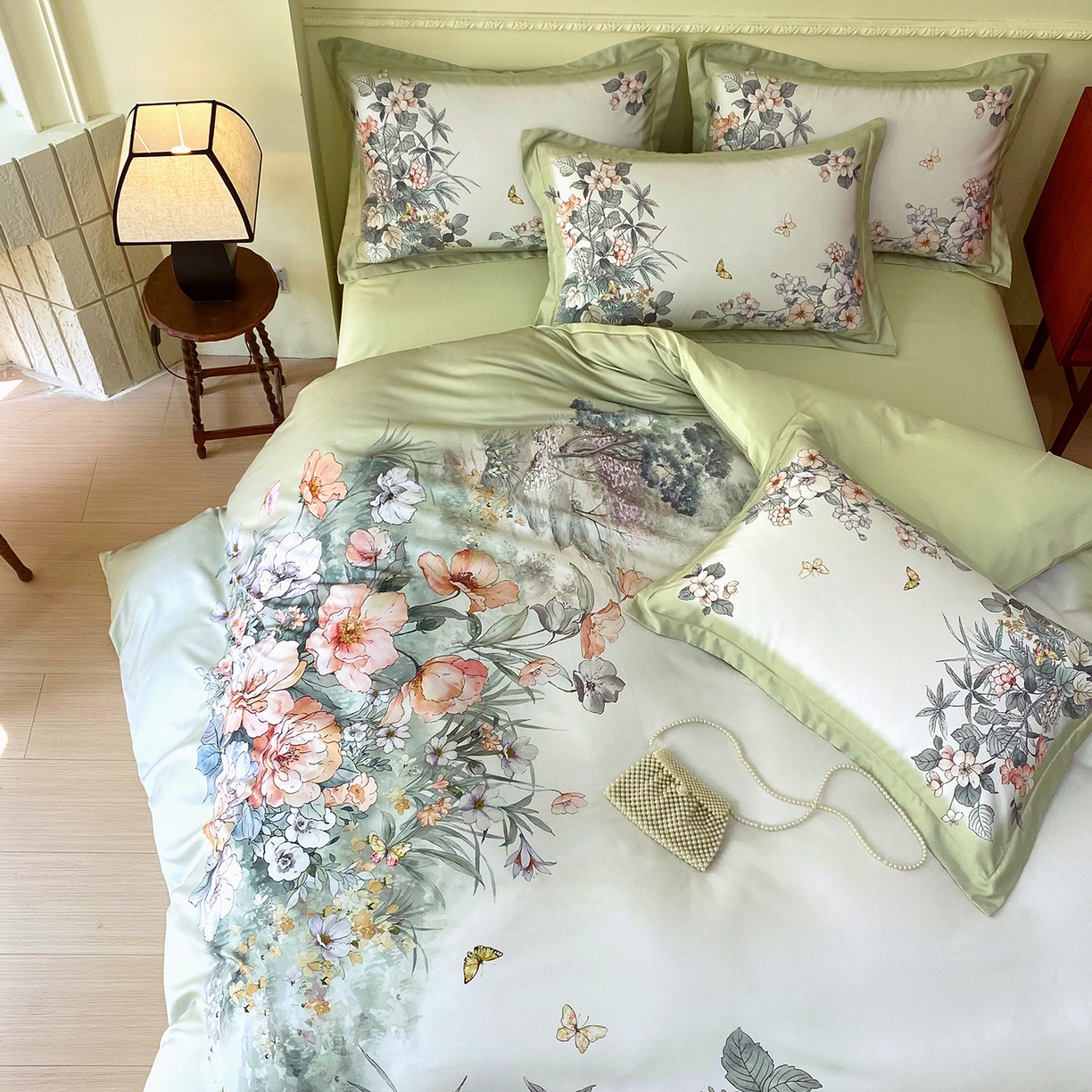 91家纺网 家纺一手货源 找家纺 大麦乐田 2025新款 直播爆款细斜纹磨毛数码印花四件套 仙本娜 绿