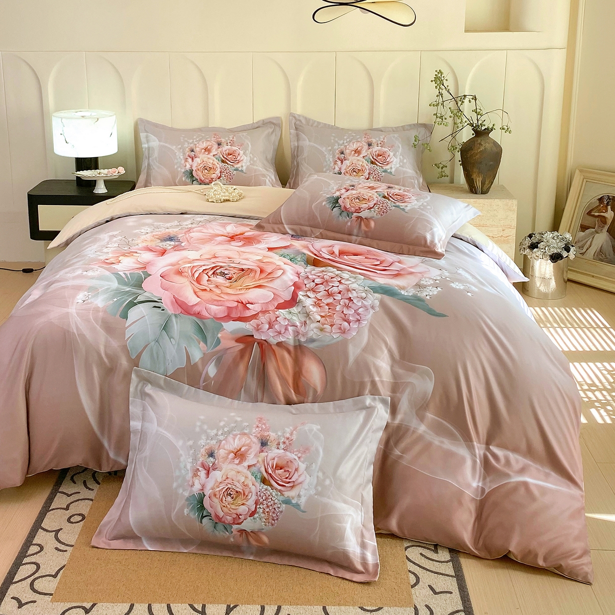 大麦乐田 2025新款 直播爆款细斜纹磨毛数码印花四件套 月光之梦 卡其