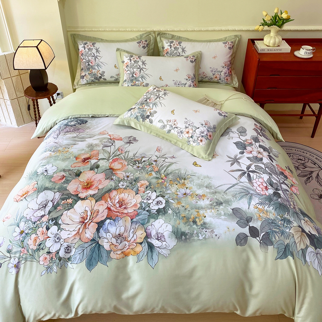 91家纺网 家纺一手货源 找家纺 大麦乐田 2025新款 直播爆款细斜纹磨毛数码印花四件套 仙本娜 绿