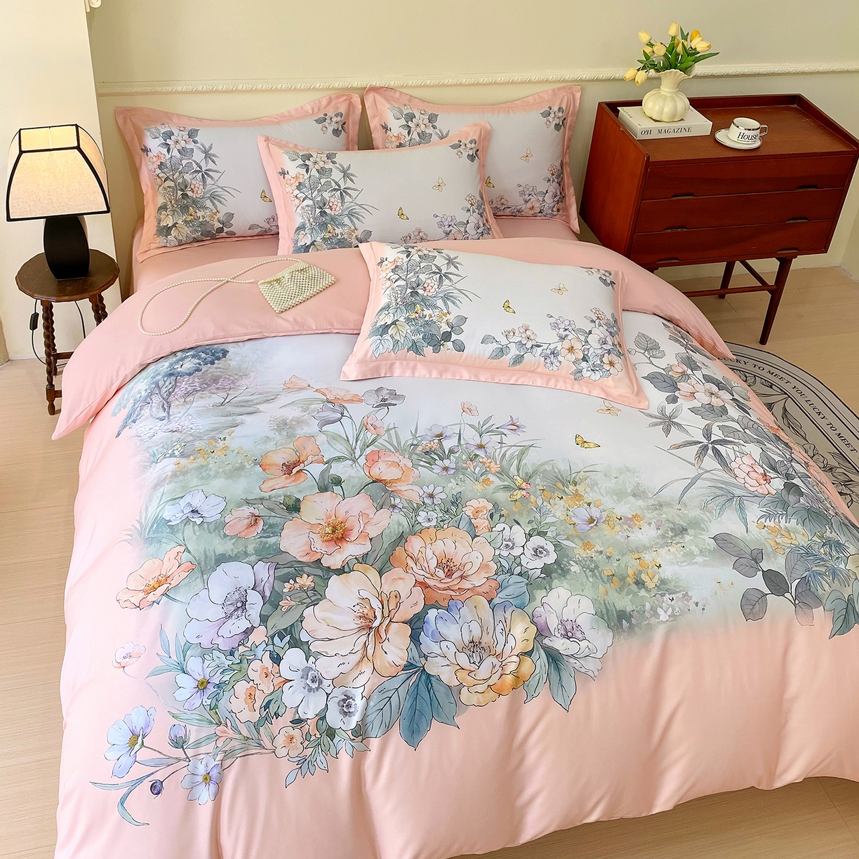 91家纺网 家纺一手货源 找家纺 大麦乐田 2025新款 直播爆款细斜纹磨毛数码印花四件套 仙本娜 粉