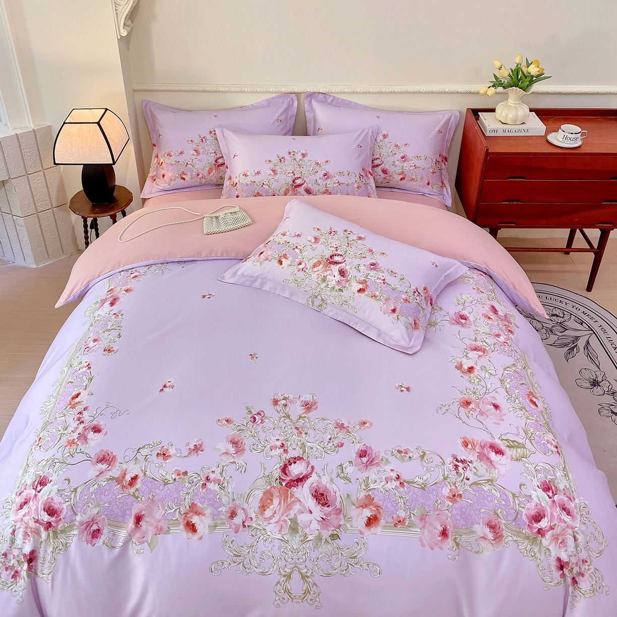 91家纺网 家纺一手货源 找家纺 大麦乐田 2025新款 直播爆款细斜纹磨毛数码印花四件套 诺曼庄园 紫