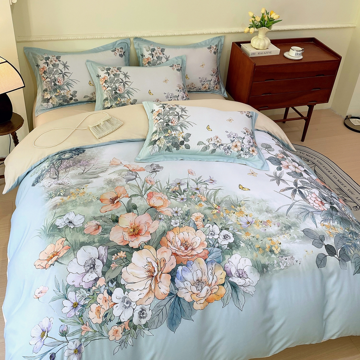 91家纺网 家纺一手货源 找家纺 大麦乐田 2025新款 直播爆款细斜纹磨毛数码印花四件套 仙本娜 兰