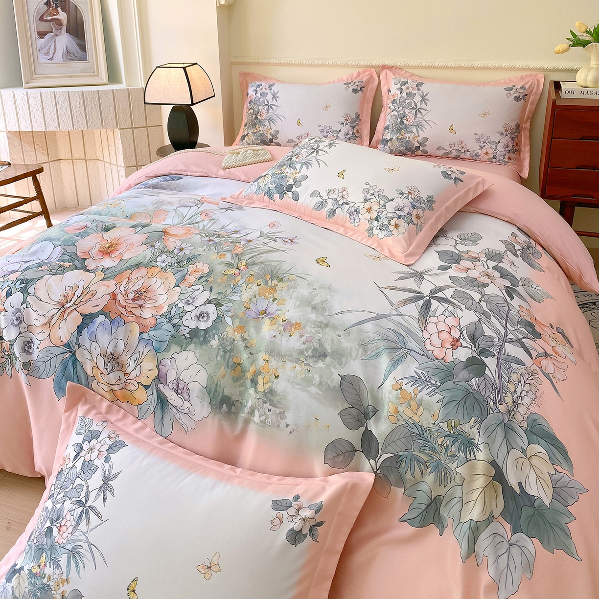 91家纺网 家纺一手货源 找家纺 大麦乐田 2025新款 直播爆款细斜纹磨毛数码印花四件套 仙本娜 粉