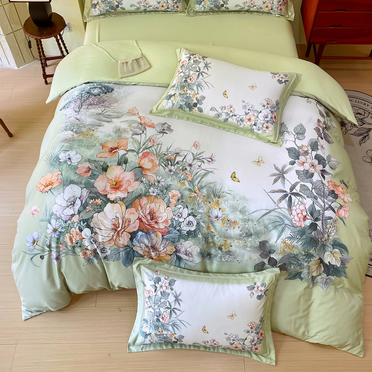 91家纺网 家纺一手货源 找家纺 大麦乐田 2025新款 直播爆款细斜纹磨毛数码印花四件套 仙本娜 绿