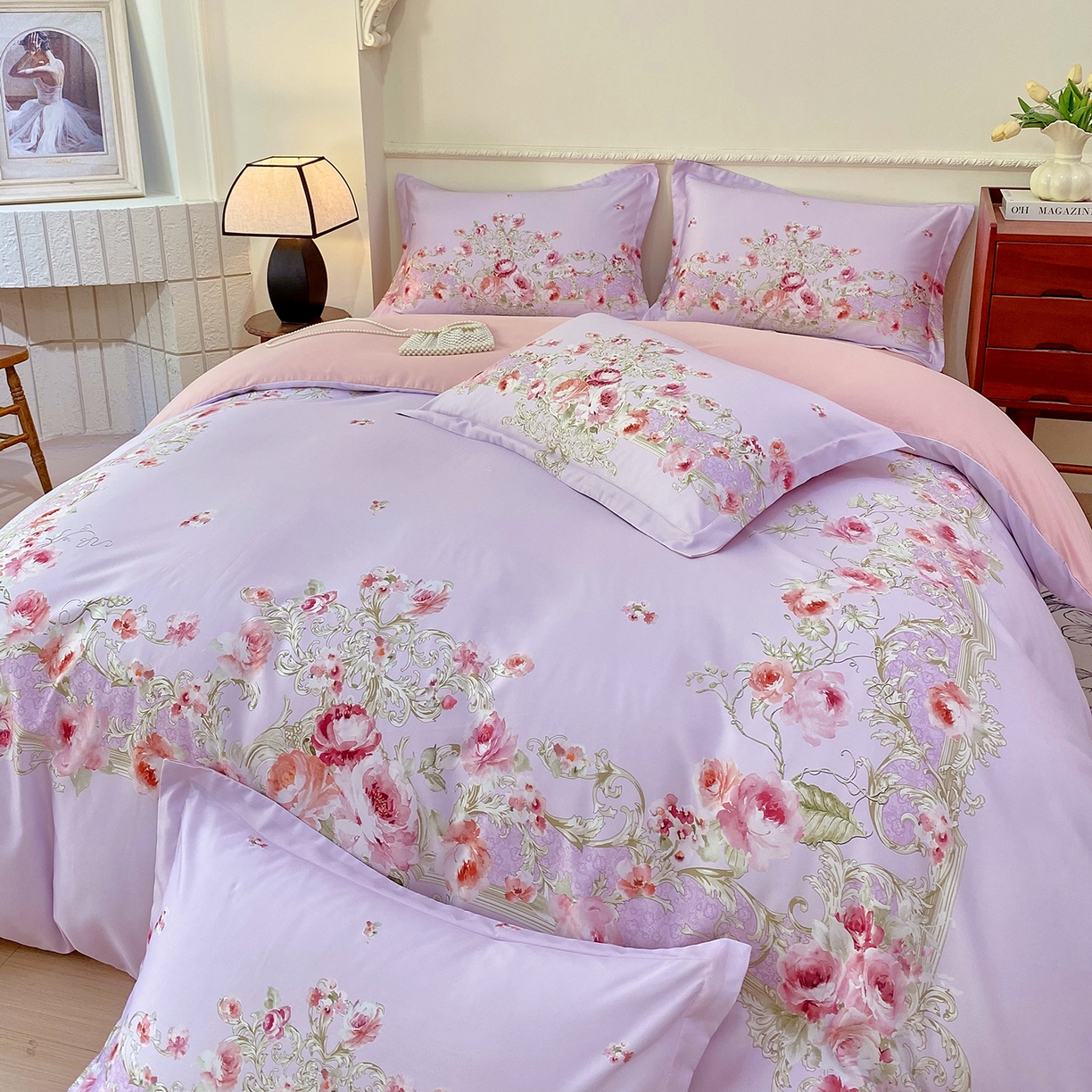 91家纺网 家纺一手货源 找家纺 大麦乐田 2025新款 直播爆款细斜纹磨毛数码印花四件套 诺曼庄园 紫