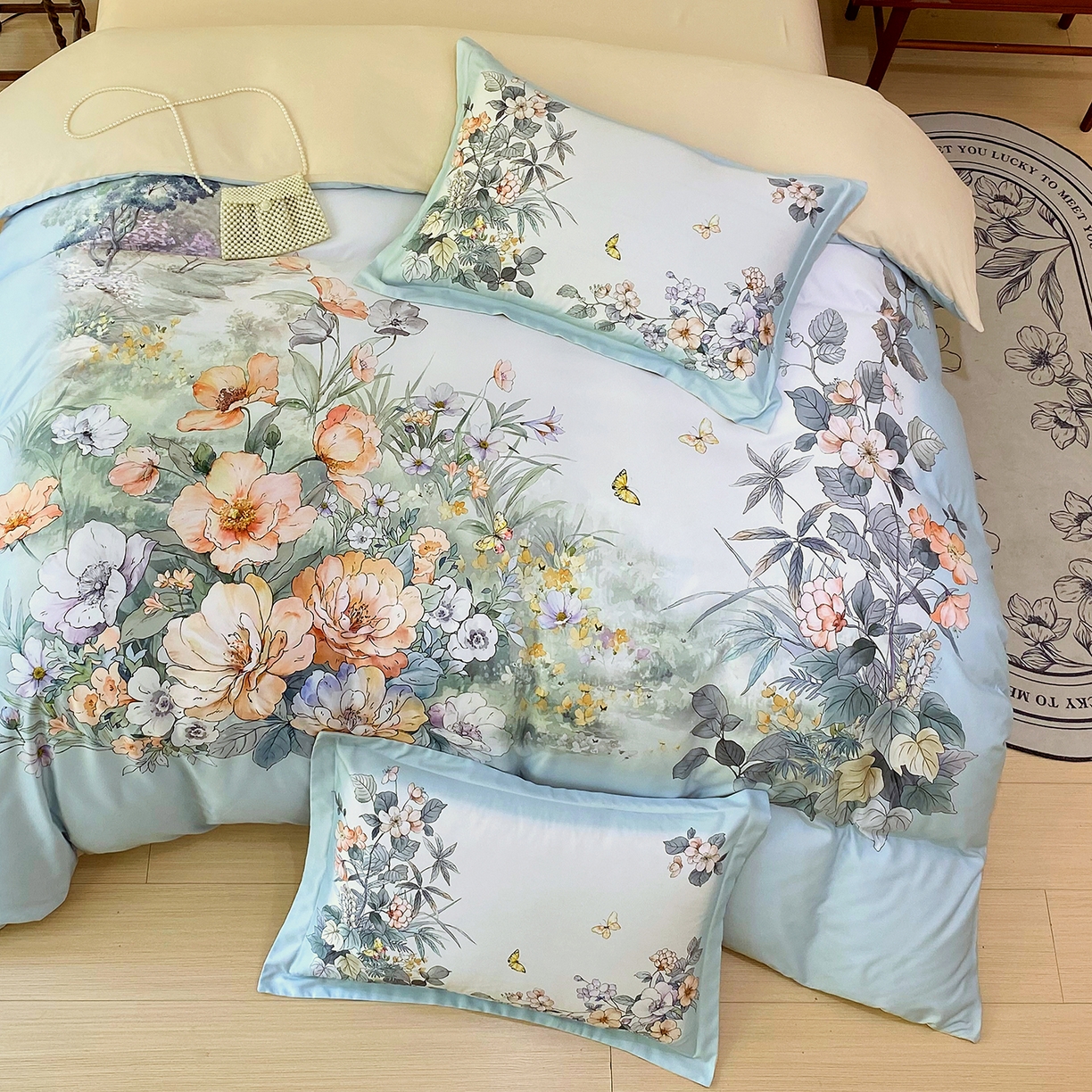 91家纺网 家纺一手货源 找家纺 大麦乐田 2025新款 直播爆款细斜纹磨毛数码印花四件套 仙本娜 兰