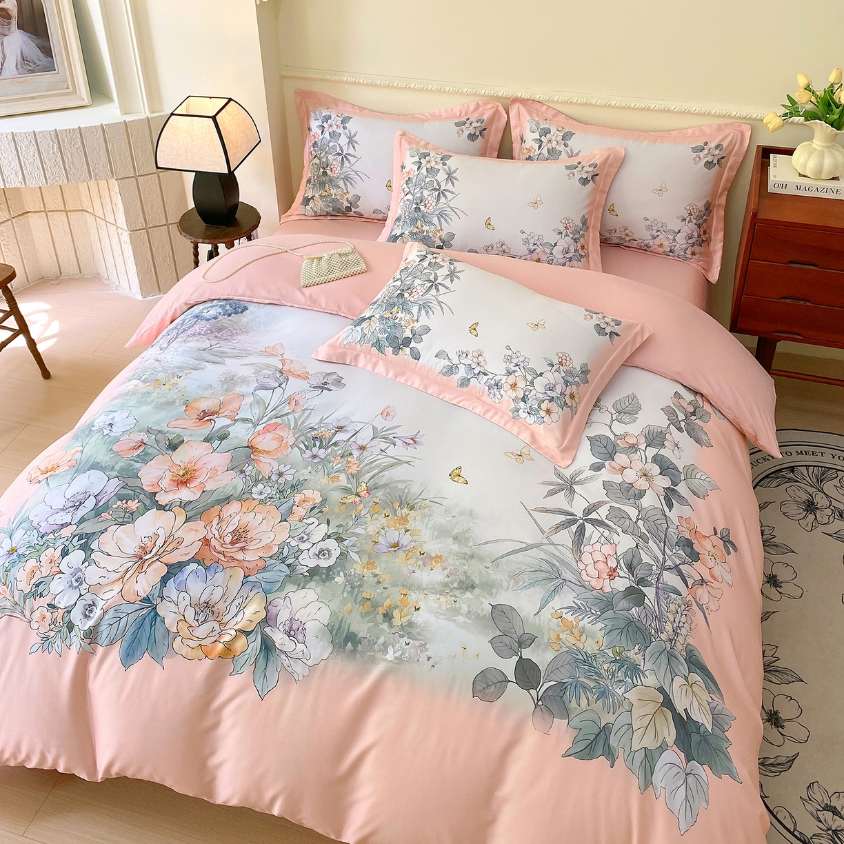 91家纺网 家纺一手货源 找家纺 大麦乐田 2025新款 直播爆款细斜纹磨毛数码印花四件套 仙本娜 粉