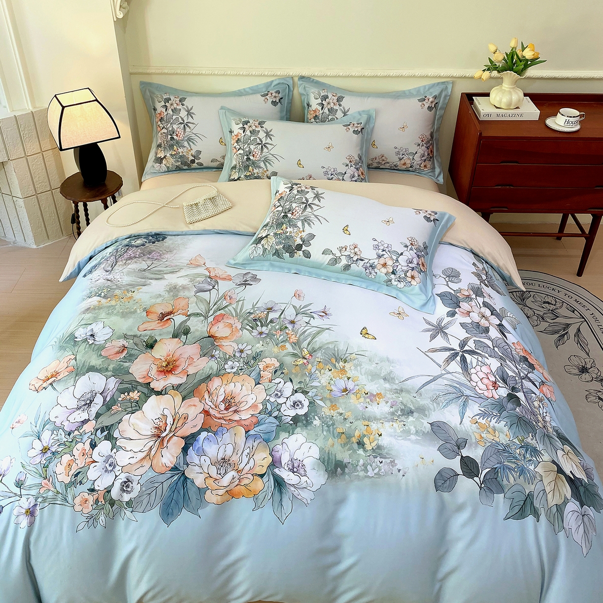 91家纺网 家纺一手货源 找家纺 大麦乐田 2025新款 直播爆款细斜纹磨毛数码印花四件套 仙本娜 兰