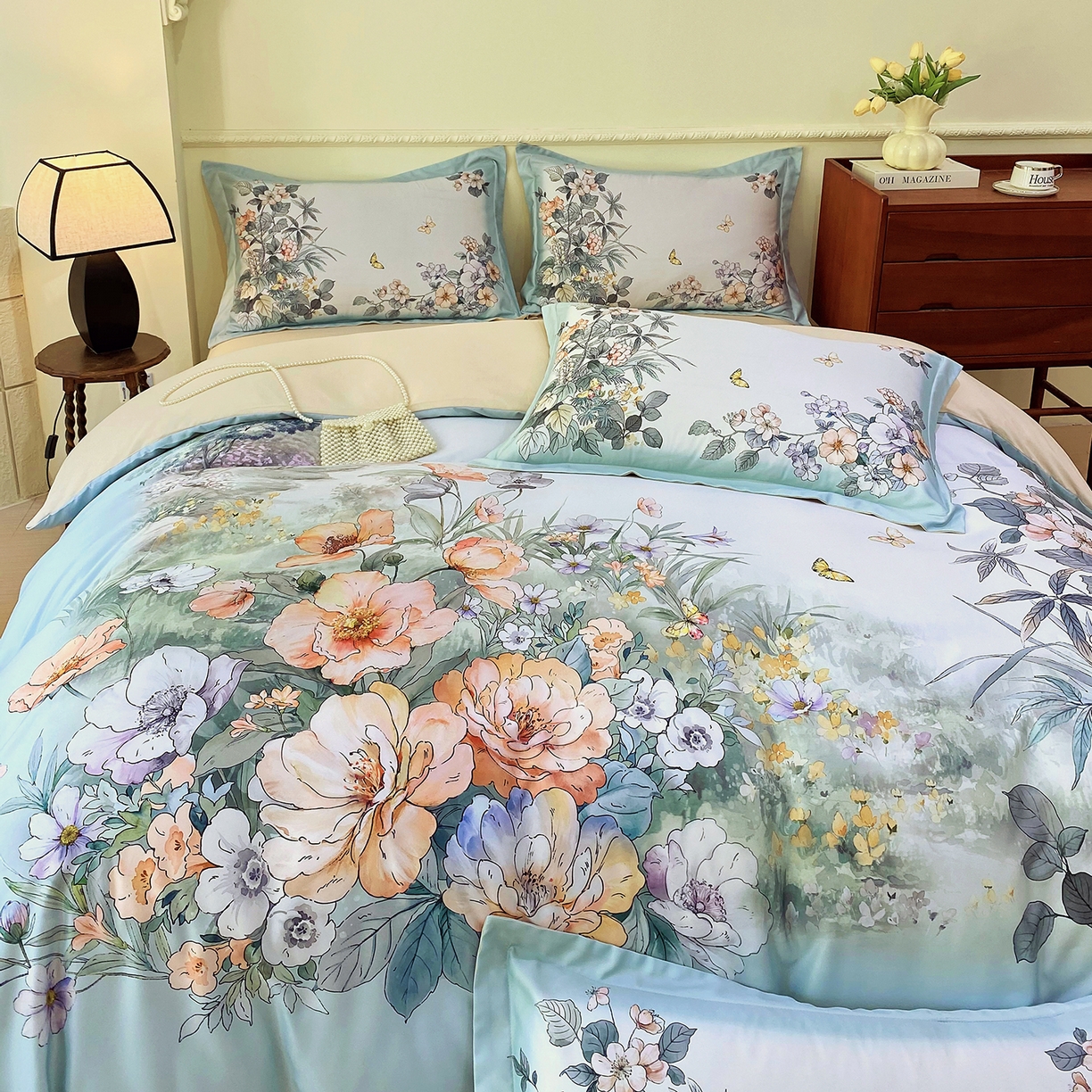 91家纺网 家纺一手货源 找家纺 大麦乐田 2025新款 直播爆款细斜纹磨毛数码印花四件套 仙本娜 兰