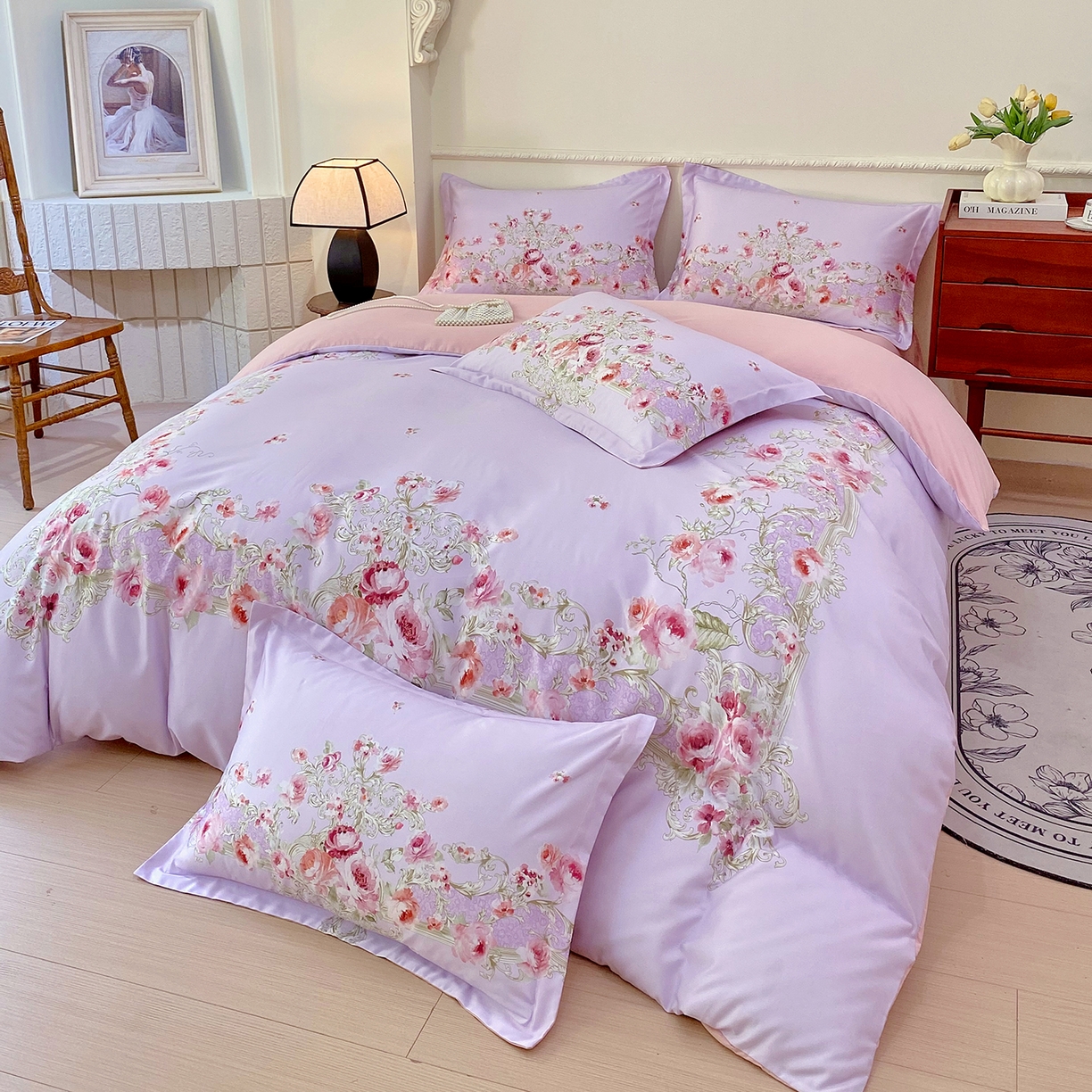 91家纺网 家纺一手货源 找家纺 大麦乐田 2025新款 直播爆款细斜纹磨毛数码印花四件套 诺曼庄园 紫