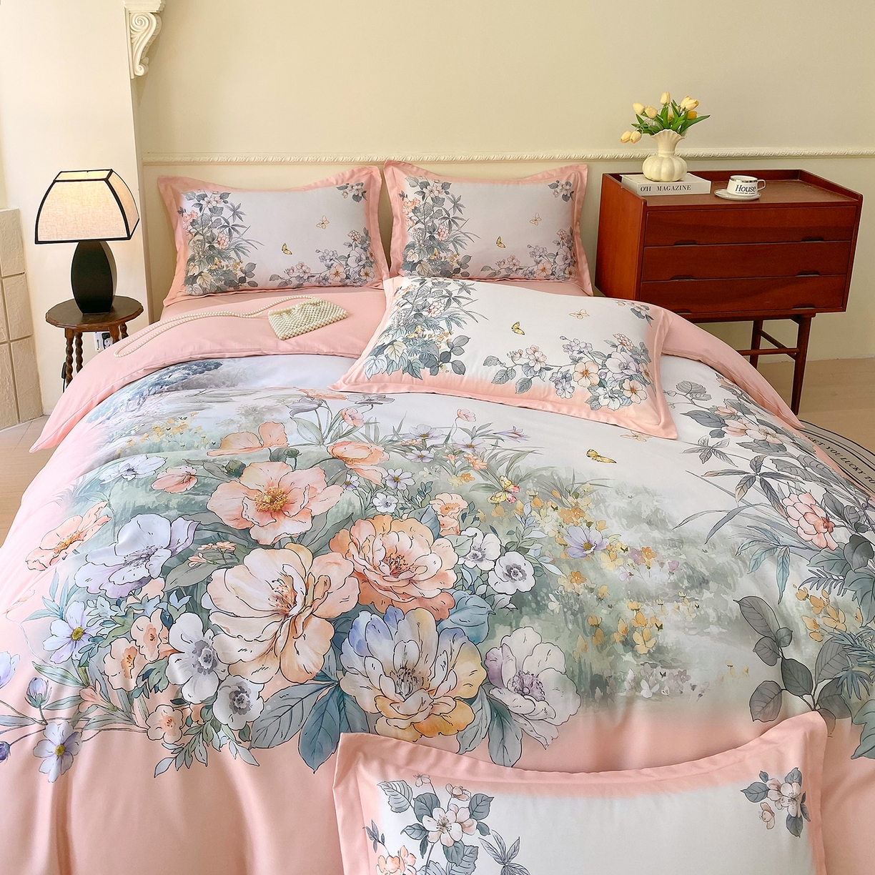 91家纺网 家纺一手货源 找家纺 大麦乐田 2025新款 直播爆款细斜纹磨毛数码印花四件套 仙本娜 粉