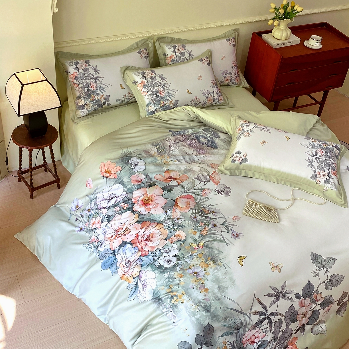 91家纺网 家纺一手货源 找家纺 大麦乐田 2025新款 直播爆款细斜纹磨毛数码印花四件套 仙本娜 绿