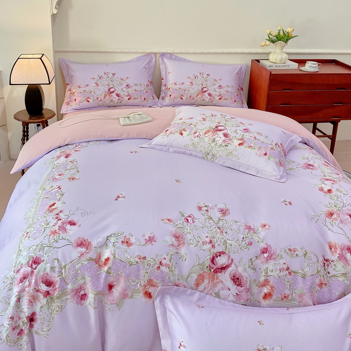 91家纺网 家纺一手货源 找家纺 大麦乐田 2025新款 直播爆款细斜纹磨毛数码印花四件套 诺曼庄园 紫