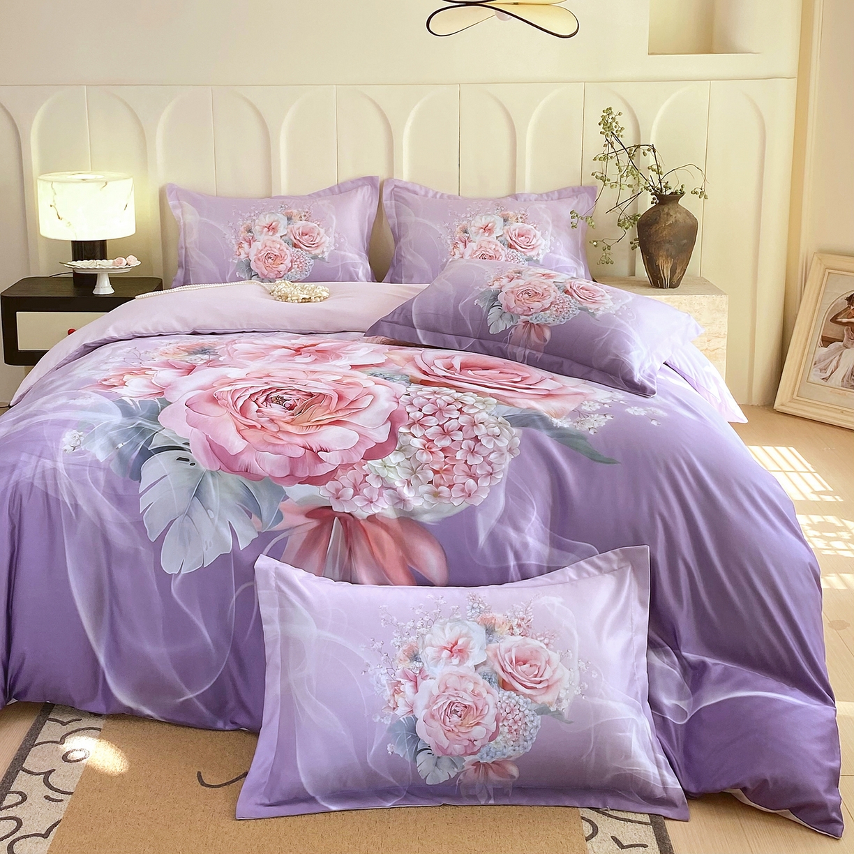 91家纺网 家纺一手货源 找家纺 大麦乐田 2025新款 直播爆款细斜纹磨毛数码印花四件套 月光之梦 紫