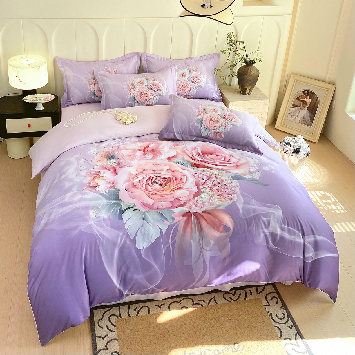 91家纺网 家纺一手货源 找家纺 大麦乐田 2025新款 直播爆款细斜纹磨毛数码印花四件套 月光之梦 紫