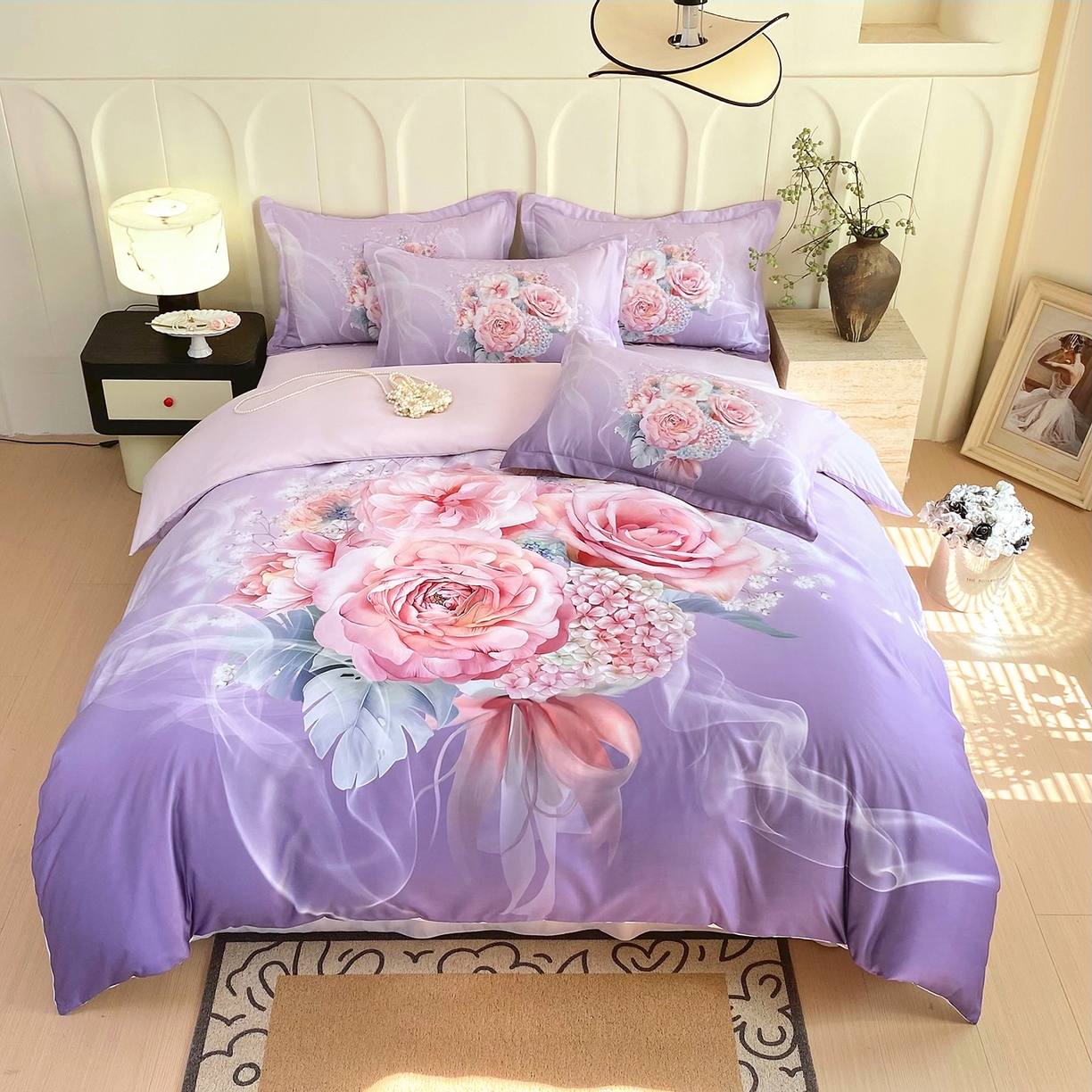 91家纺网 家纺一手货源 找家纺 大麦乐田 2025新款 直播爆款细斜纹磨毛数码印花四件套 月光之梦 紫