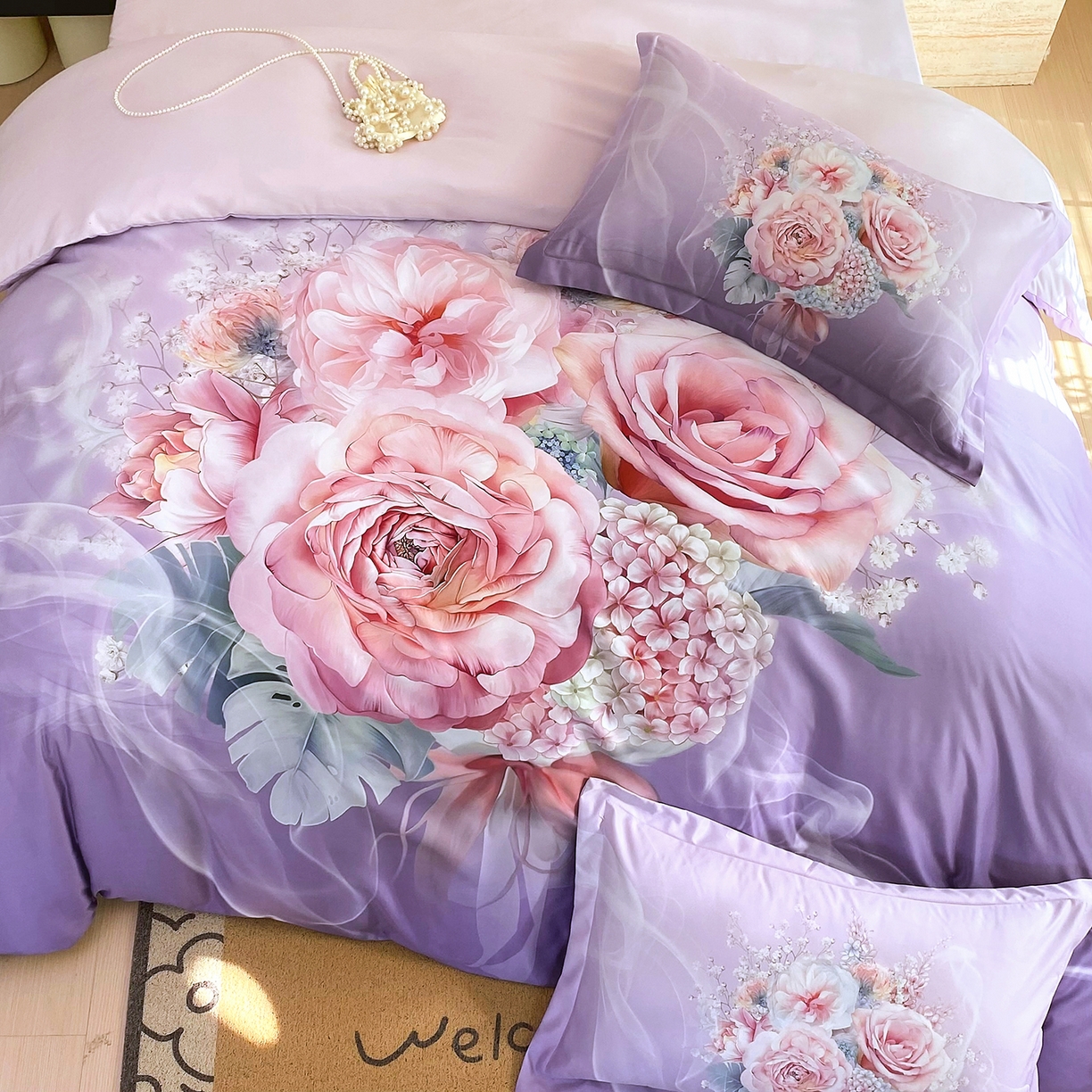 91家纺网 家纺一手货源 找家纺 大麦乐田 2025新款 直播爆款细斜纹磨毛数码印花四件套 月光之梦 紫