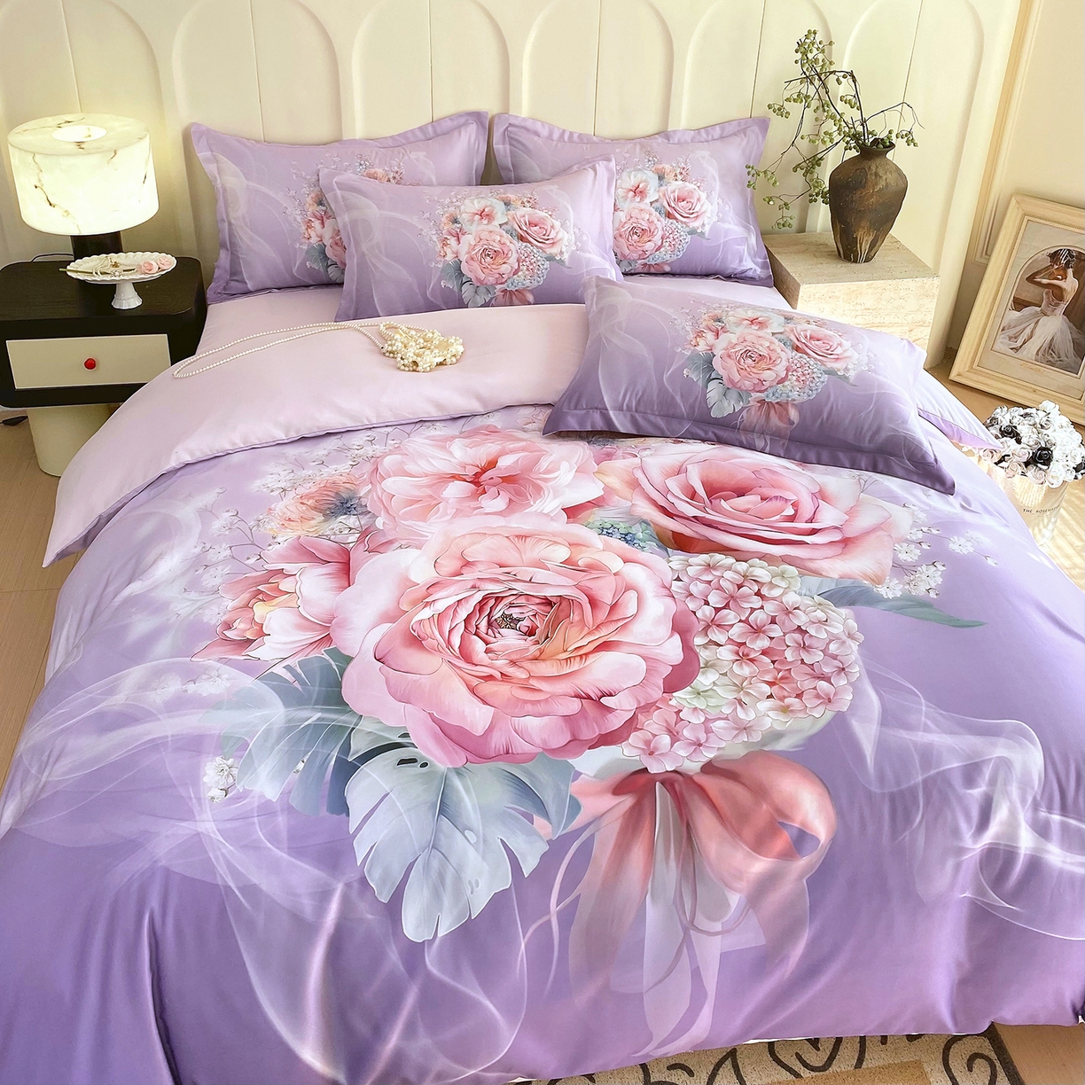 91家纺网 家纺一手货源 找家纺 大麦乐田 2025新款 直播爆款细斜纹磨毛数码印花四件套 月光之梦 紫