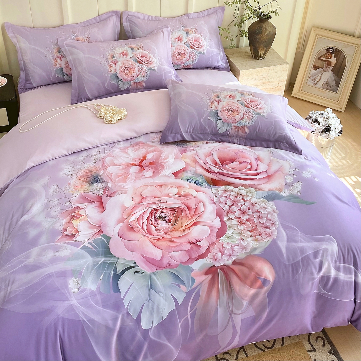 91家纺网 家纺一手货源 找家纺 大麦乐田 2025新款 直播爆款细斜纹磨毛数码印花四件套 月光之梦 紫