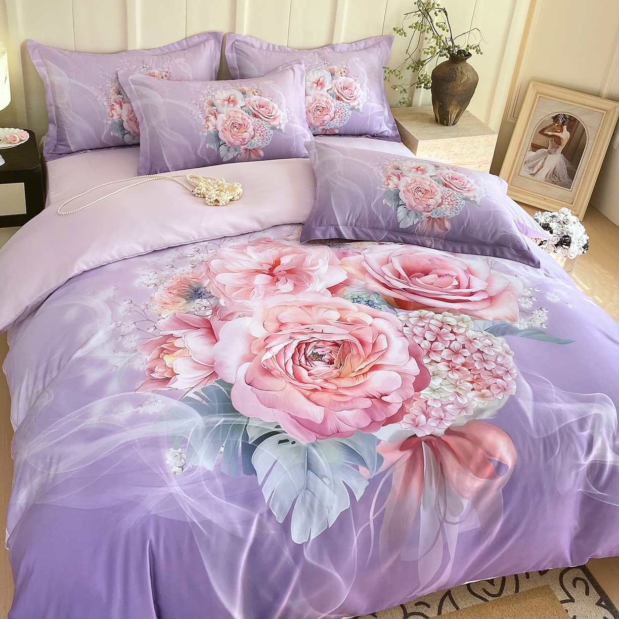 91家纺网 家纺一手货源 找家纺 大麦乐田 2025新款 直播爆款细斜纹磨毛数码印花四件套 月光之梦 紫