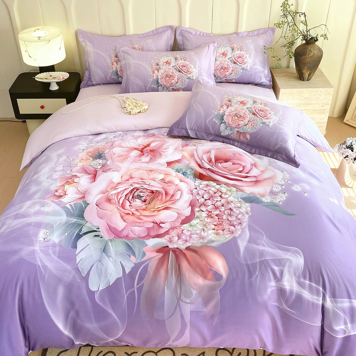 91家纺网 家纺一手货源 找家纺 大麦乐田 2025新款 直播爆款细斜纹磨毛数码印花四件套 月光之梦 紫