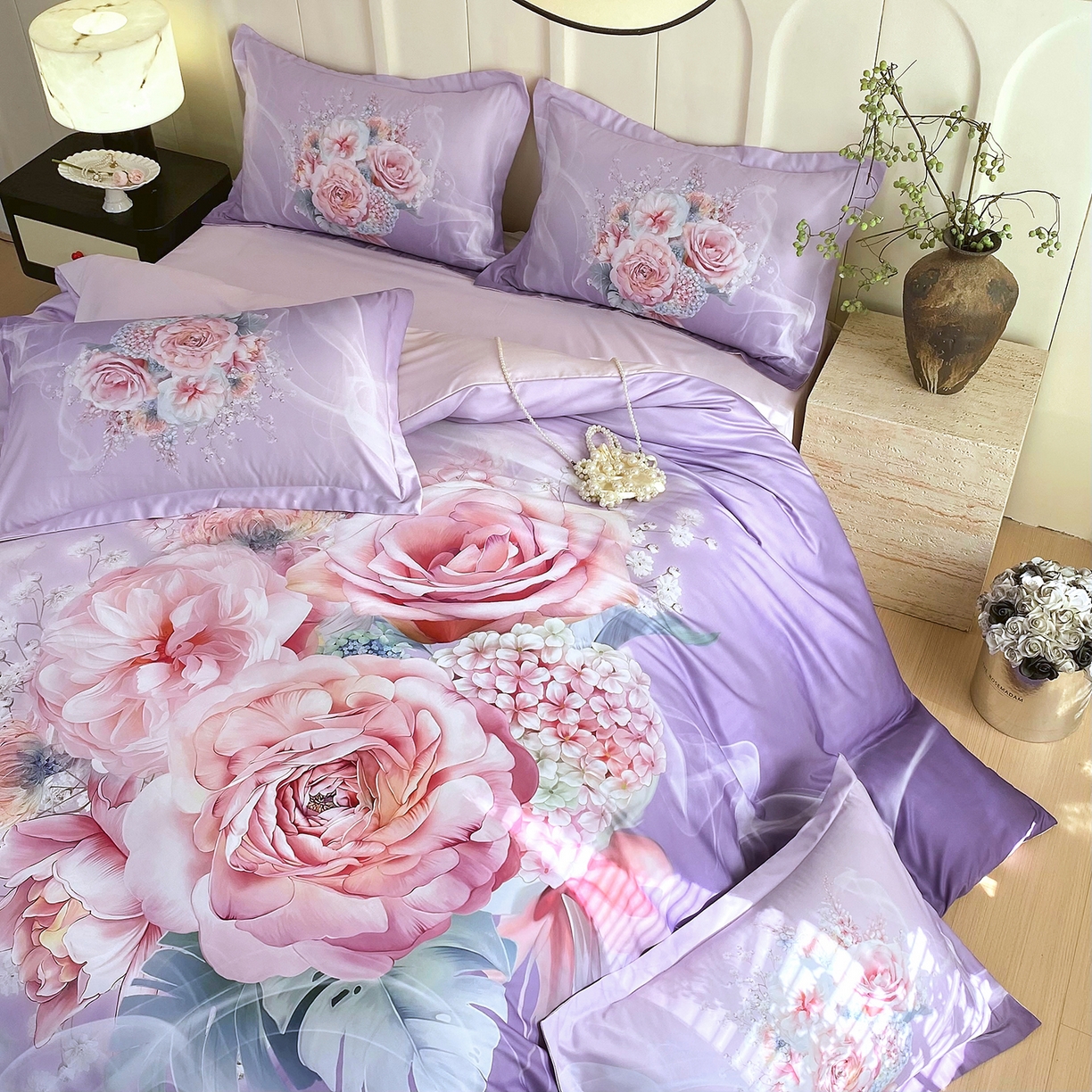 91家纺网 家纺一手货源 找家纺 大麦乐田 2025新款 直播爆款细斜纹磨毛数码印花四件套 月光之梦 紫