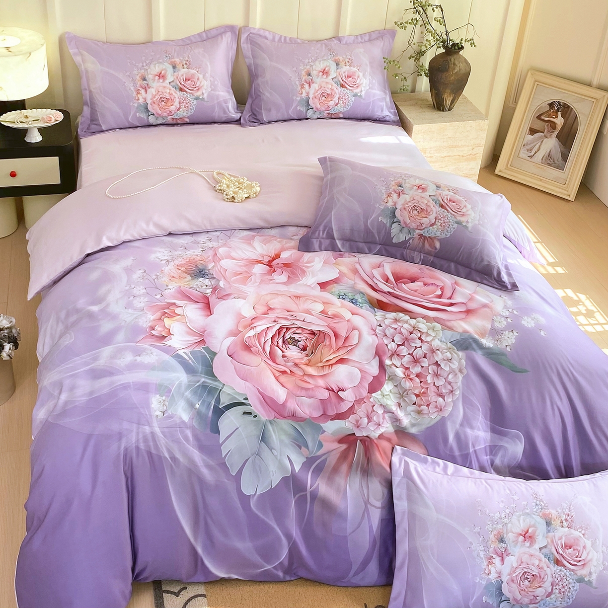 91家纺网 家纺一手货源 找家纺 大麦乐田 2025新款 直播爆款细斜纹磨毛数码印花四件套 月光之梦 紫