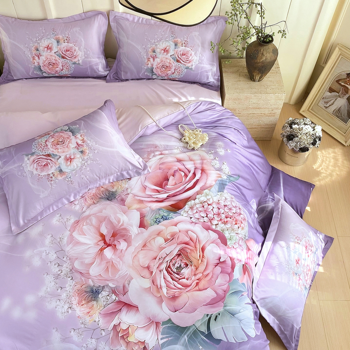 91家纺网 家纺一手货源 找家纺 大麦乐田 2025新款 直播爆款细斜纹磨毛数码印花四件套 月光之梦 紫