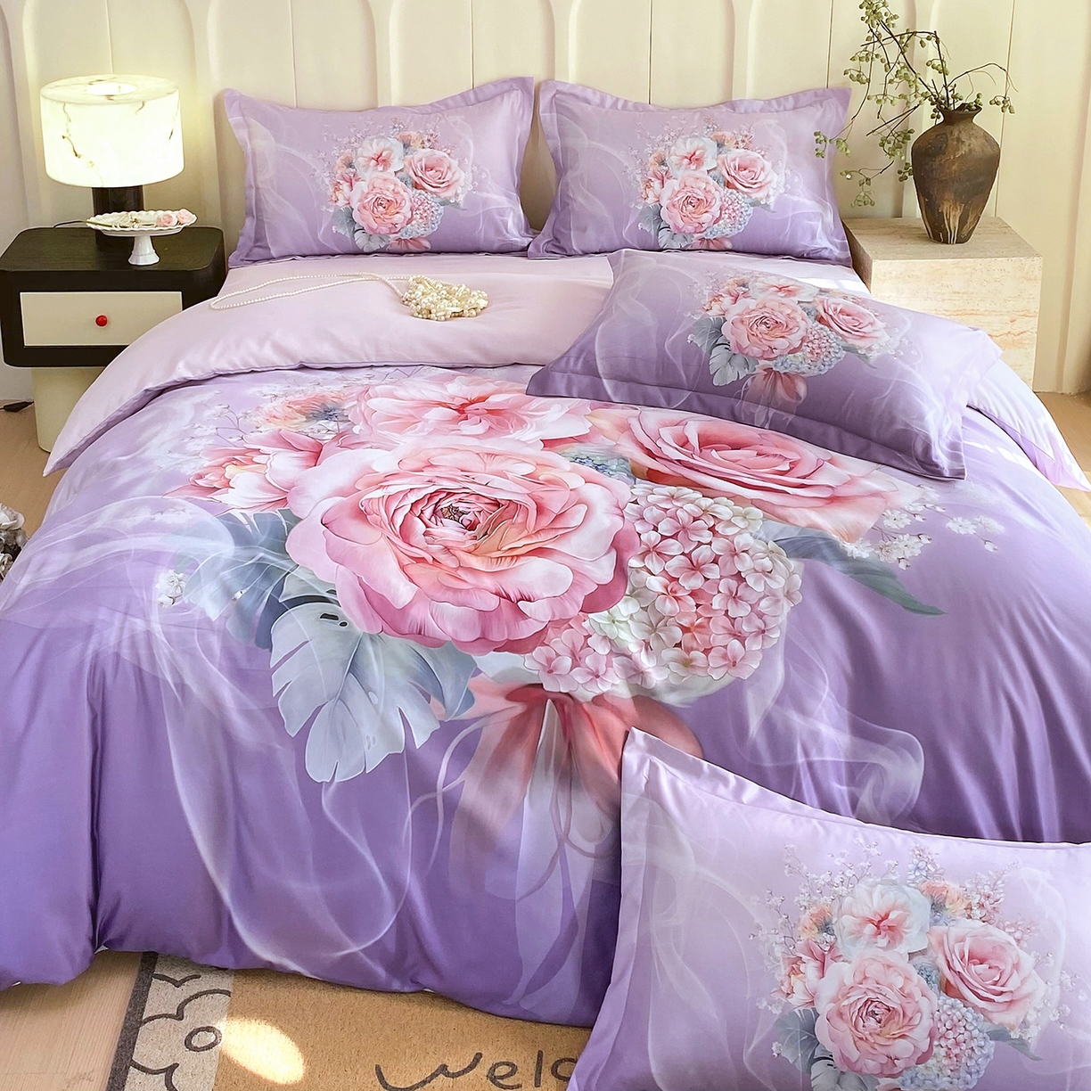 91家纺网 家纺一手货源 找家纺 大麦乐田 2025新款 直播爆款细斜纹磨毛数码印花四件套 月光之梦 紫