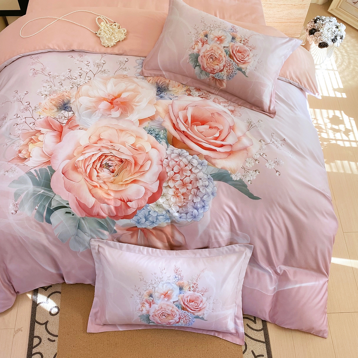 91家纺网 家纺一手货源 找家纺 大麦乐田 2025新款 直播爆款细斜纹磨毛数码印花四件套 月光之梦 粉