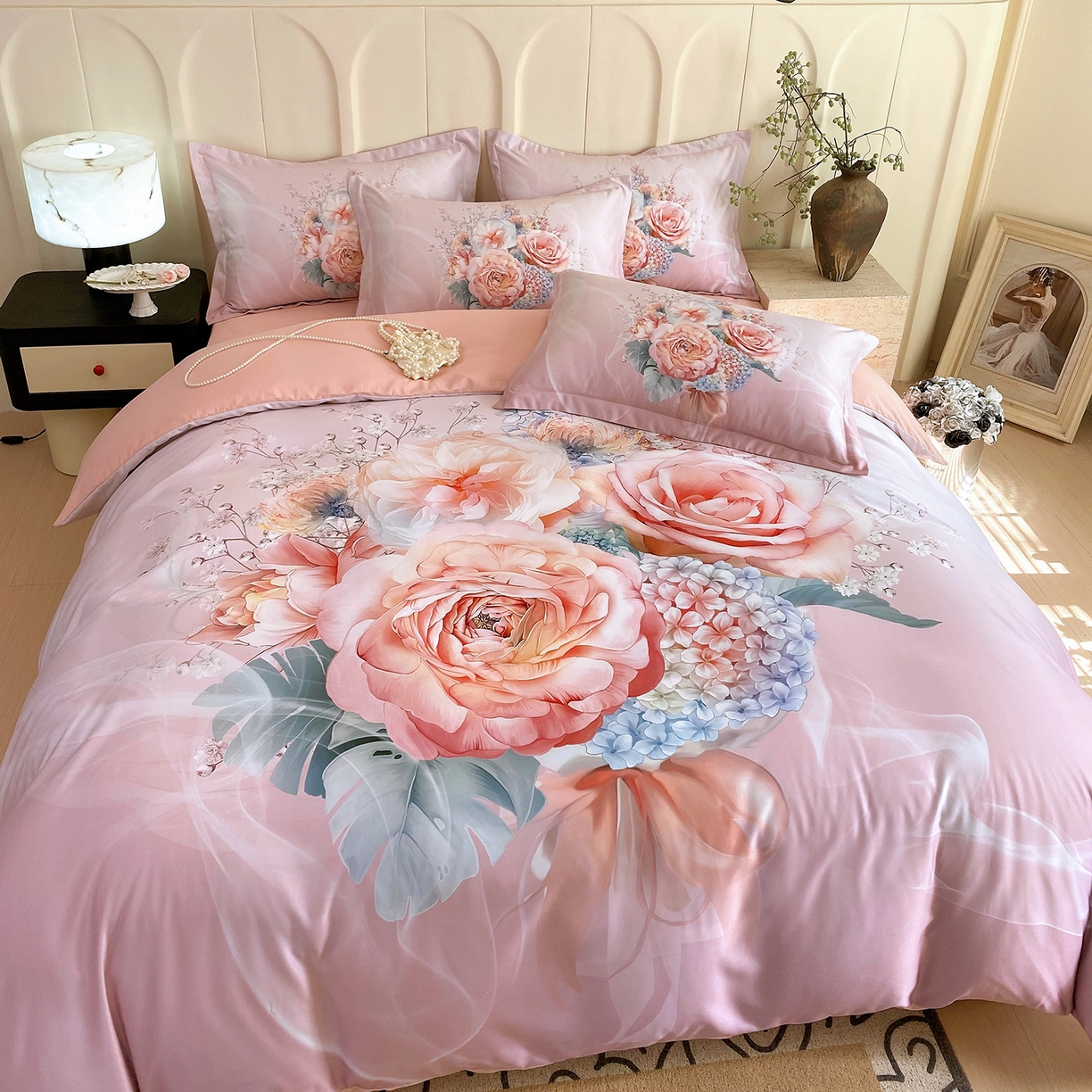 91家纺网 家纺一手货源 找家纺 大麦乐田 2025新款 直播爆款细斜纹磨毛数码印花四件套 月光之梦 粉