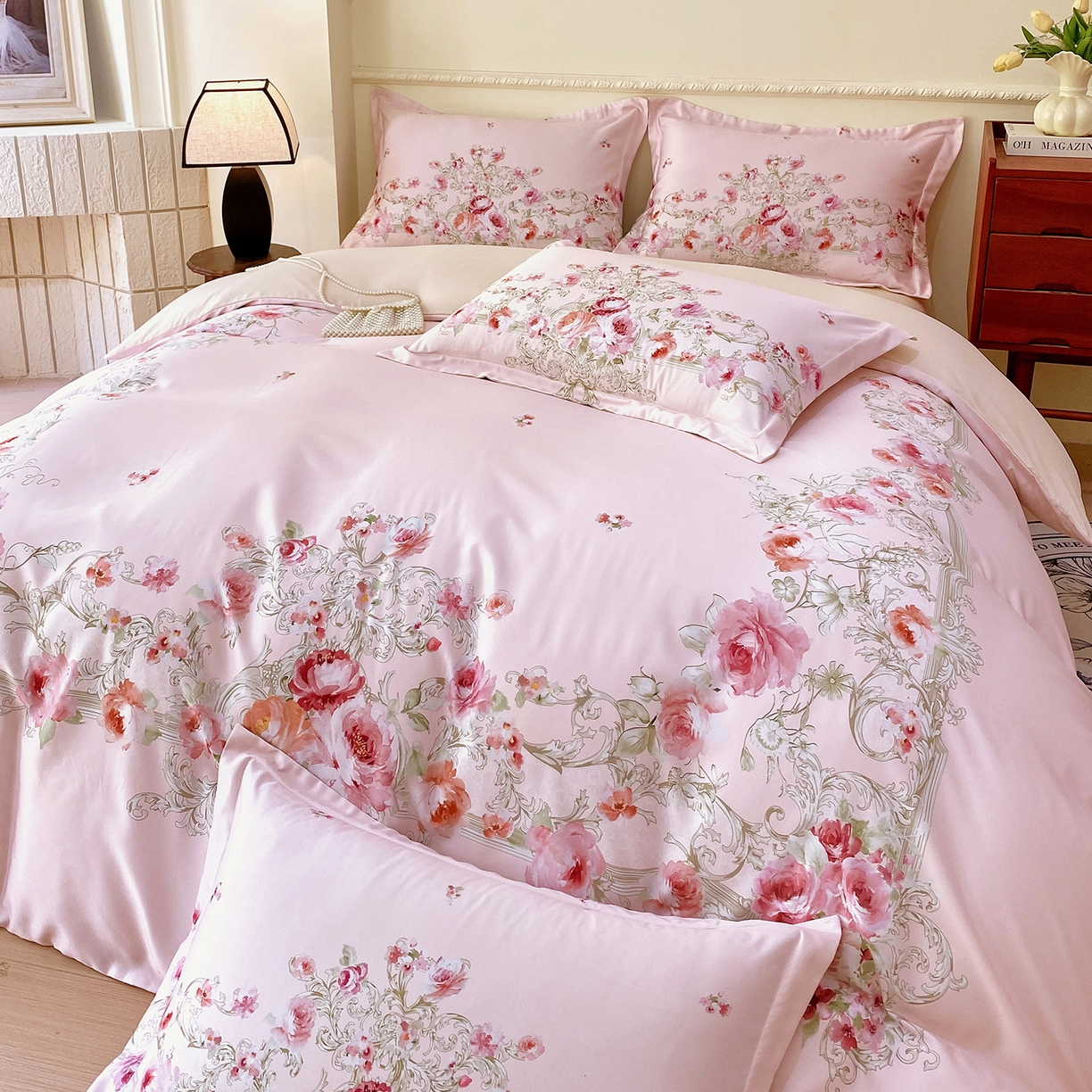 91家纺网 家纺一手货源 找家纺 大麦乐田 2025新款 直播爆款细斜纹磨毛数码印花四件套 诺曼庄园 粉