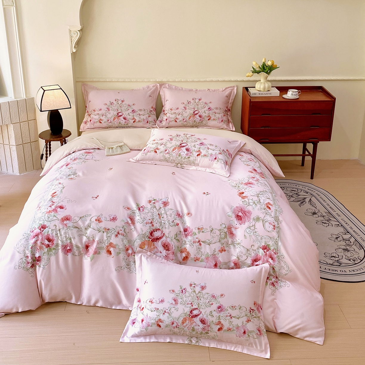 91家纺网 家纺一手货源 找家纺 大麦乐田 2025新款 直播爆款细斜纹磨毛数码印花四件套 诺曼庄园 粉