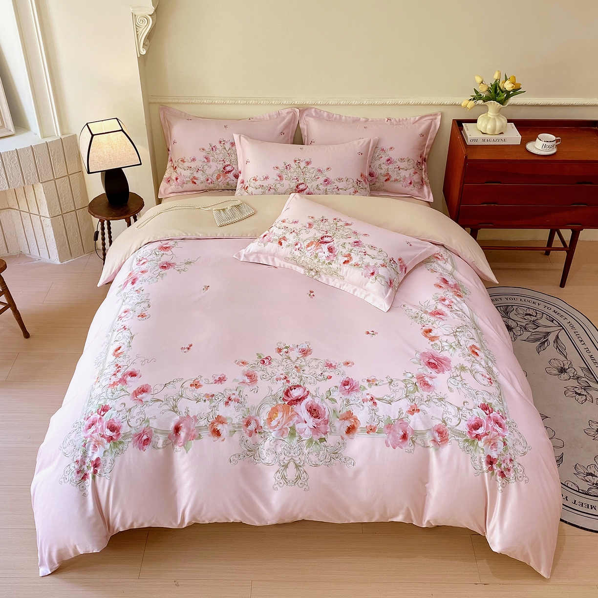 91家纺网 家纺一手货源 找家纺 大麦乐田 2025新款 直播爆款细斜纹磨毛数码印花四件套 诺曼庄园 粉